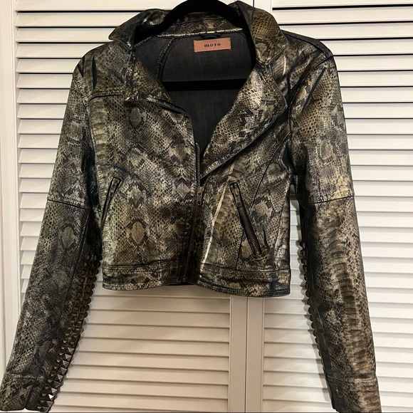 Topshop Jackets & Blazers - TOPSHOP SNAKESKIN PRINT MOTO STUDDED LEATHER JACKET